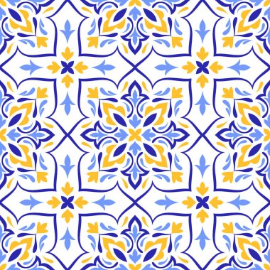 Akdeniz mavisi, sarı, pürüzsüz desen. Etnik mozaik tasarımı. Azulejo, talavera, ya da majolica motifleri. Portekizce, İtalyanca, İspanyolca, Sicilya fayansı. Çiçek süsü. Vektör illüstrasyonu