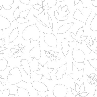 Beyaz zemin üzerinde siyah çizgili sanat yaprakları olan kusursuz desenler. Akçaağaç yaprağı, ıhlamur, kavak, ginkgo ve diğerleri. Tekstil, paket, kağıt baskısı. Vektör illüstrasyonu, asgari biçim