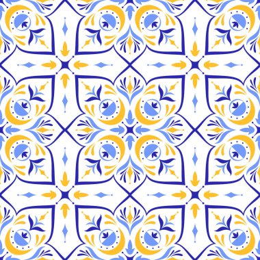 Akdeniz mavisi, sarı, pürüzsüz desen. Etnik halk tasarımı. Azulejo, talavera, majolica motifleri. Portekizce, İtalyanca, İspanyolca, Sicilya fayansı. Çiçek mozaik süsü. El çizimi vektör illüstrasyonu