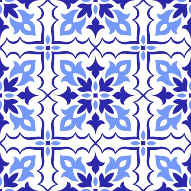 Akdeniz dekoratif kusursuz desen. Azulejo mavi fayans, beyaz arka plan. Portekizce, İtalyanca, Sicilya ve İspanyol motiflerinin minimalist mozaik tasarımı. Ev yapımı tekstil ya da seramik için süs. Vektör
