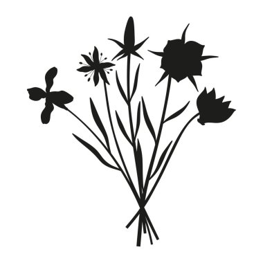 Vahşi çiçekler siluet buketi. El yapımı siklamen, kartopu, matthiola, çayır çiçekleri, otlar ve yabani bitkiler. Tasarım projeleri için botanik elementler. Asgari biçim, vektör illüstrasyonu