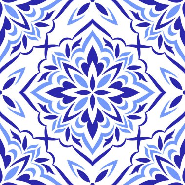 Akdeniz mavisi pürüzsüz desen. Etnik mozaik tasarımı. Azulejo. Portekizce, İtalyanca, İspanyolca, Sicilya motifleri. Çiçek süsü, ev yapımı tekstil ya da seramik fayans için grafik baskısı. Vektör illüstrasyonu