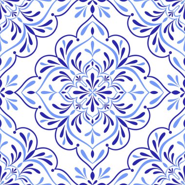 Akdeniz mavisi, beyaz arka planda pürüzsüz desen. Azulejo fayansı. Geleneksel Portekizce, Fas, Sicilya veya İspanyol motifleri. Geometrik mozaik, çiçek süsü. Vektör illüstrasyonu