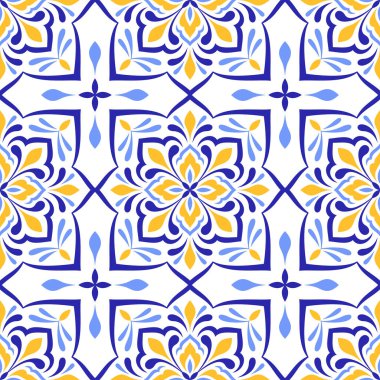Akdeniz dekoratif kusursuz desen. Mavi sarı fayans, beyaz zemin. Portekizce, İtalyanca, Sicilya ve İspanyol motiflerinin minimalist mozaik tasarımı. Ev yapımı tekstil ya da seramik için süs. Vektör