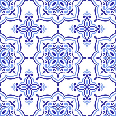Akdeniz mavisi pürüzsüz desen. Etnik mozaik tasarımı. Azulejo, talavera, ya da majolica motifleri. Portekizce, İtalyanca, İspanyolca veya Sicilya fayansı. Çiçek süsü. Vektör illüstrasyonu