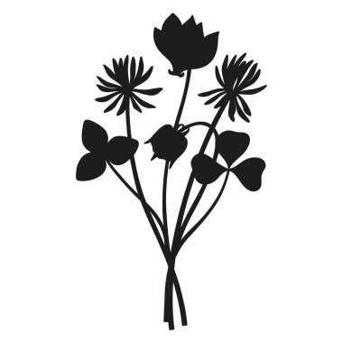 Vahşi çiçekler siluet buketi. El yapımı siklamen, yonca, su yosunu çayır çiçekleri, otlar ve yabani bitkiler. Tasarım projeleri için botanik elementler. Asgari biçim, vektör illüstrasyonu