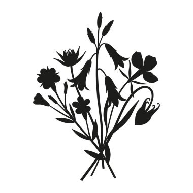 Vahşi çiçekler siluet buketi. El yapımı çan çiçekleri, su çiçekleri, egzotik çayır çiçekleri, kızılgerdanlıklar ve yabani bitkiler. Tasarım projeleri için botanik öğesi. Asgari biçim, vektör illüstrasyonu