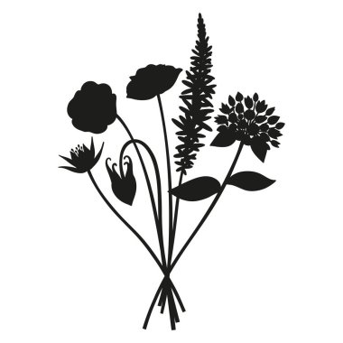 Vahşi çiçekler siluet buketi. Elle çizilmiş nonoşlar, su ürünleri, kızıl çayırlık çiçekleri, otlar ve yabani bitkiler. Tasarım projeleri için botanik elementler. Asgari biçim, vektör illüstrasyonu