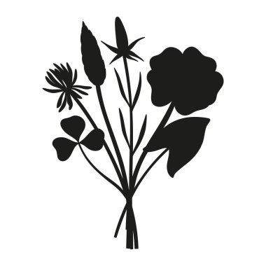 Vahşi çiçekler siluet buketi. El yapımı yonca, tomurcuklanma çayırı çiçekleri, otlar ve yabani bitkiler. Tasarım projeleri için botanik elementler. Asgari biçim, vektör illüstrasyonu