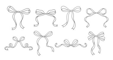 Coquette yayları hazır. Siyah ince çizgiler. El çizimi basit bağcıklı kurdele. Düğün, doğum günü hediyesi eskizi. Şirin kız saç stili aksesuarlar, vektör illüstrasyonu. Dantel..