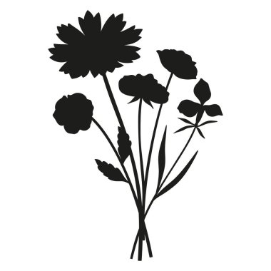Yaban çiçeği silueti buketi. El yapımı nonoşlar, kozmetik, çayır çiçekleri, otlar ve yabani bitkiler. Tasarım projeleri için botanik elementler. Asgari biçim, vektör illüstrasyonu