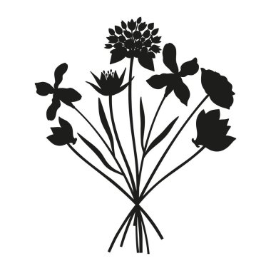 Vahşi çiçekler siluet buketi. El yapımı matthiola, siklamen, çayır çiçekleri, otlar ve yabani bitkiler. Tasarım projeleri için botanik elementler. Asgari biçim, vektör illüstrasyonu