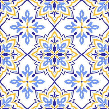 Akdeniz pürüzsüz deseni, mavi sarı fayans. Portekizce, İtalyanca, Sicilya ve İspanyol motiflerinin etnik mozaik tasarımı. Çiçek süsü, vektör illüstrasyonu
