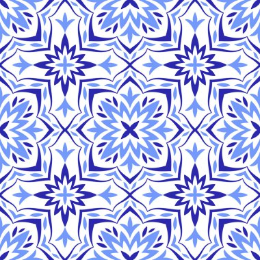 Akdeniz dekoratif kusursuz desen. Azulejo mavi fayans, beyaz arka plan. Portekizce, İtalyanca, Sicilya ve İspanyol motiflerinin minimalist mozaik tasarımı. Ev yapımı tekstil ya da seramik için süs. Vektör
