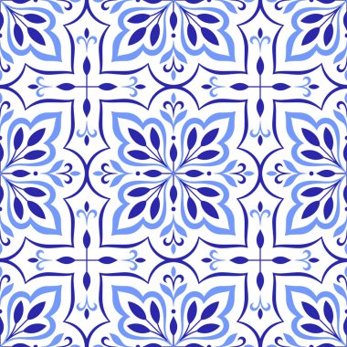 Mediterranean blue seamless pattern. Ethnic folk design. Azulejo, talavera, or majolica motifs. Portuguese, Italian, Spanish, Sicilian tile. Floral mosaic ornament. Vector illustration