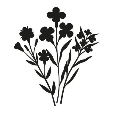 Vahşi çiçekler siluet buketi. El yapımı kızılötesi çayır çiçekleri, otlar ve yabani bitkiler. Tasarım projeleri için botanik elementler. Asgari biçim, vektör illüstrasyonu