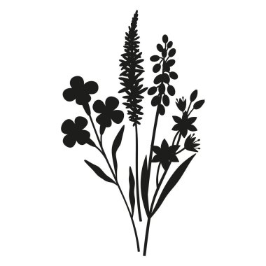 Vahşi çiçekler siluet buketi. Elle çizilmiş gagea, muscari, çayır çiçekleri, otlar ve yabani bitkiler. Tasarım projeleri için botanik elementler. Asgari biçim, vektör illüstrasyonu