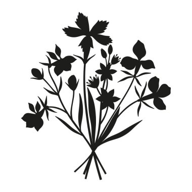 Vahşi çiçekler siluet buketi. Elle çizilmiş gagea otların, otların ve yabani bitkilerin egzotik cilveleri. Tasarım projeleri için botanik elementler. Asgari biçim, vektör illüstrasyonu