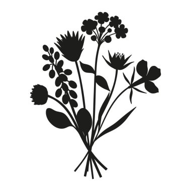 Vahşi çiçekler siluet buketi. El yapımı muscari, unutma beni, çayır çiçekleri, otlar ve yabani bitkiler. Tasarım projeleri için botanik elementler. Asgari biçim, vektör illüstrasyonu