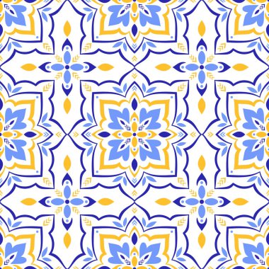 Akdeniz mavisi, sarı, pürüzsüz desen. Etnik mozaik tasarımı. Azulejo, talavera, ya da majolica motifleri. Portekizce, İtalyanca, İspanyolca, Sicilya fayansı. Çiçek süsü. Vektör illüstrasyonu