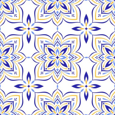 Akdeniz mavisi, sarı, pürüzsüz desen. Etnik mozaik tasarımı. Azulejo, talavera, ya da majolica motifleri. Portekizce, İtalyanca, İspanyolca, Sicilya fayansı. Çiçek süsü. Vektör illüstrasyonu