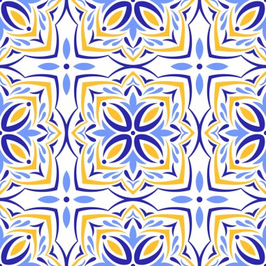 Akdeniz mavisi, sarı, pürüzsüz desen. Etnik halk tasarımı. Azulejo, talavera, ya da majolica motifleri. Portekizce, İtalyanca, İspanyolca, Sicilya fayansı. Çiçek mozaik süsü. Vektör illüstrasyonu