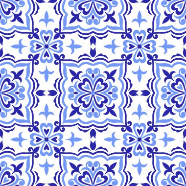 Akdeniz pürüzsüz deseni, azulejo mavisi fayans. Portekizce, İtalyanca, Sicilya ve İspanyol motiflerinin etnik mozaik tasarımı. Çiçek süsü, vektör illüstrasyonu