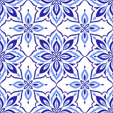 Akdeniz dekoratif kusursuz desen. Azulejo mavi fayans, beyaz arka plan. Portekizce, İtalyanca, Sicilya ve İspanyol motiflerinin minimalist mozaik tasarımı. Ev yapımı tekstil ya da seramik için süs. Vektör
