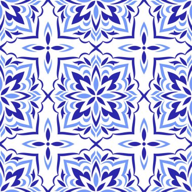 Akdeniz mavisi pürüzsüz desen. Etnik mozaik tasarımı. Azulejo, talavera, ya da majolica motifleri. Portekizce, İtalyanca, İspanyolca veya Sicilya fayansı. Çiçek süsü. Vektör illüstrasyonu
