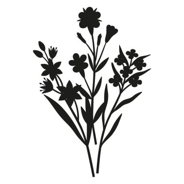 Vahşi çiçekler siluet buketi. Elle çizilmiş unutma- beni-unutma, gagea, inflorescence çayır çiçekleri, otlar ve yabani bitkiler. Tasarım projeleri için botanik elementler. Asgari biçim, vektör illüstrasyonu