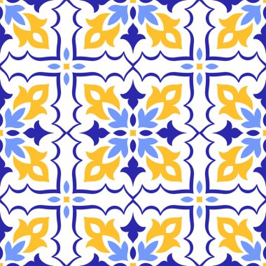 Akdeniz dekoratif kusursuz desen. Mavi sarı fayans, beyaz zemin. Portekizce, İtalyanca, Sicilya ve İspanyol motiflerinin minimalist mozaik tasarımı. Ev yapımı tekstil ya da seramik için süs. Vektör