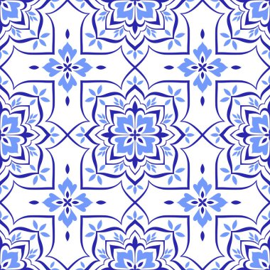 Akdeniz dekoratif kusursuz desen. Azulejo mavi fayans, beyaz arka plan. Portekizce, İtalyanca, Sicilya ve İspanyol motiflerinin minimalist mozaik tasarımı. Ev yapımı tekstil ya da seramik için süs. Vektör