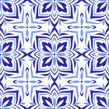 Akdeniz dekoratif kusursuz desen. Azulejo mavi fayans, beyaz arka plan. Portekizce, İtalyanca, Sicilya ve İspanyol motiflerinin minimalist mozaik tasarımı. Ev yapımı tekstil ya da seramik için süs. Vektör