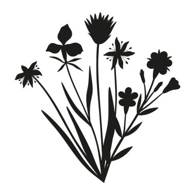 Yaban çiçeği silueti buketi. El yapımı kardelenler, farklı çayır çiçekleri, otlar ve yabani bitkiler. Tasarım projeleri için botanik elementler. Asgari biçim, vektör illüstrasyonu