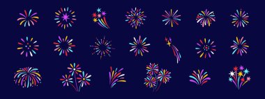 Pastel boya, renkli havai fişek seti. Garip parıltıların, havai fişeklerin, konfetilerin, sihirli patlamaların el çizimleri. Doğum günü, karnaval, tatiller için çocuksu tebeşir ya da kalem çizimleri. Vektör, koyu bg