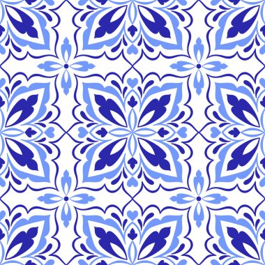 Akdeniz pürüzsüz deseni, azulejo mavisi fayans. Portekizce, İtalyanca, Sicilya ve İspanyol motiflerinin etnik mozaik tasarımı. Çiçek süsü, vektör illüstrasyonu