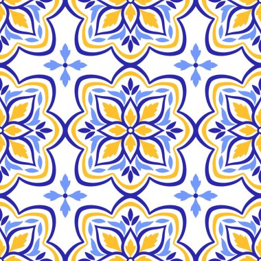 Akdeniz dekoratif kusursuz desen. Mavi sarı fayans, beyaz zemin. Portekizce, İtalyanca, Sicilya ve İspanyol motiflerinin minimalist mozaik tasarımı. Ev yapımı tekstil ya da seramik için süs. Vektör