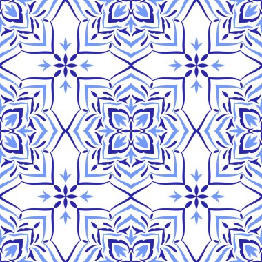 Mediterranean blue seamless pattern. Ethnic folk design. Azulejo, talavera, or majolica motifs. Portuguese, Italian, Spanish, Sicilian tile. Floral mosaic ornament. Vector illustration