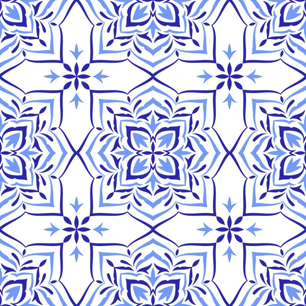 Mediterranean blue seamless pattern. Ethnic folk design. Azulejo, talavera, or majolica motifs. Portuguese, Italian, Spanish, Sicilian tile. Floral mosaic ornament. Vector illustration