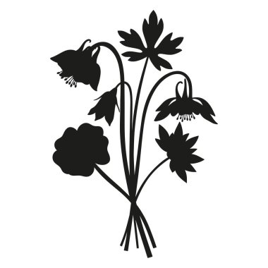 Vahşi çiçekler siluet buketi. El yapımı aquilegia, nymphaea, çan çiçeği, çayır çiçekleri, otlar ve yabani bitkiler. Tasarım projeleri için botanik elementler. Asgari biçim, vektör illüstrasyonu