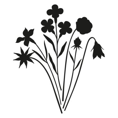 Vahşi çiçekler siluet buketi. El yapımı matthiola, nonoş, çan çiçeği, çayır çiçekleri, otlar ve yabani bitkiler. Tasarım projeleri için botanik elementler. Asgari biçim, vektör illüstrasyonu