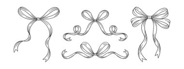 Coquette kaprisli fiyonklar hazır. Siyah çizgi çizimleri. Bağlanmış eski bir kurdele çiziyor. Doğum günü, düğün, sevgililer günü hediyesi, eski tarz. Kız saç stili aksesuarlar, vektör illüstrasyonu. Dantel..