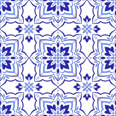 Akdeniz pürüzsüz deseni, azulejo mavisi fayans. Portekizce, İtalyanca, Sicilya ve İspanyol motiflerinin etnik mozaik tasarımı. Çiçek süsü, vektör illüstrasyonu
