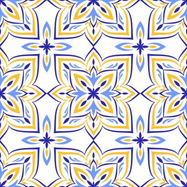 Akdeniz pürüzsüz deseni, mavi sarı fayans. Portekizce, İtalyanca, Sicilya ve İspanyol motiflerinin etnik mozaik tasarımı. Çiçek süsü, vektör illüstrasyonu