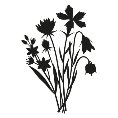 Vahşi çiçekler siluet buketi. El yapımı gagea, su çiçeği, çan çiçeği, çayır çiçeği, otlar ve yabani bitkiler. Tasarım projeleri için botanik elementler. Asgari biçim, vektör illüstrasyonu