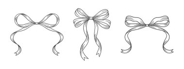 Coquette yayları hazır. Bağlı kurdelelerin siyah çizgi çizimleri. Doğum günü, düğün, Noel, eski tarz sevgililer günü hediyesi. Çerçeve hatları, kız gibi romantik tasarım. Vektör illüstrasyonu.