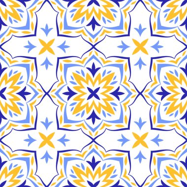 Akdeniz dekoratif kusursuz desen. Mavi sarı fayans, beyaz zemin. Portekizce, İtalyanca, Sicilya ve İspanyol motiflerinin minimalist mozaik tasarımı. Ev yapımı tekstil ya da seramik için süs. Vektör