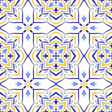 Akdeniz mavisi, sarı, pürüzsüz desen. Etnik halk tasarımı. Azulejo, talavera, ya da majolica motifleri. Portekizce, İtalyanca, İspanyolca, Sicilya fayansı. Çiçek mozaik süsü. Vektör illüstrasyonu