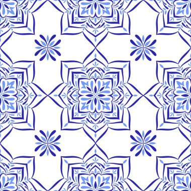 Mediterranean blue seamless pattern. Ethnic folk design. Azulejo, talavera, or majolica motifs. Portuguese, Italian, Spanish, Sicilian tile. Floral mosaic ornament. Vector illustration