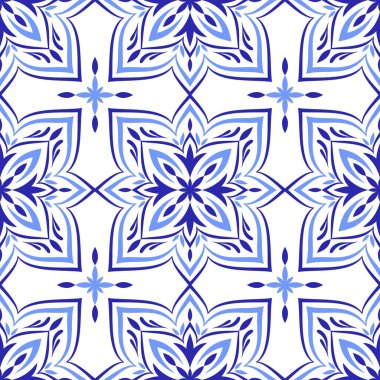 Akdeniz mavisi pürüzsüz desen. Etnik mozaik tasarımı. Azulejo, talavera, ya da majolica motifleri. Portekizce, İtalyanca, İspanyolca veya Sicilya fayansı. Çiçek süsü. Vektör illüstrasyonu